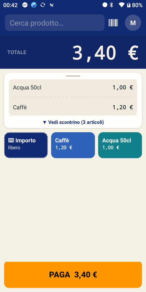 L'app cassa MCDS Pay sul terminale: tasti dei prodotti, totale e tasto PAGA